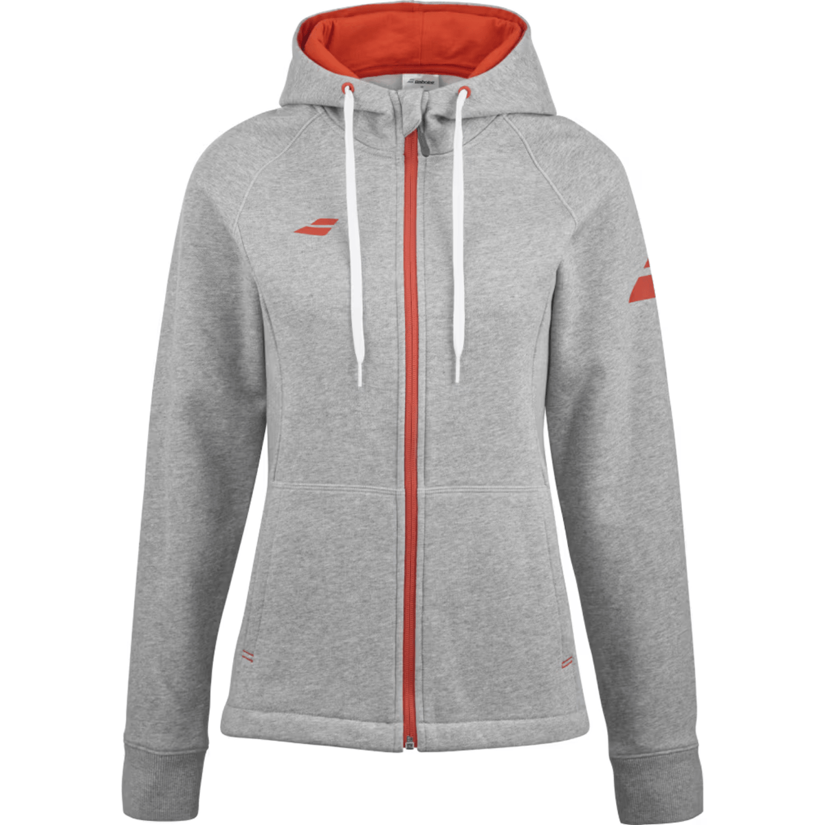 Grijs gemeleerd Babolat Exercise Hood Jacket voor dames met rode capuchonvoering en rits