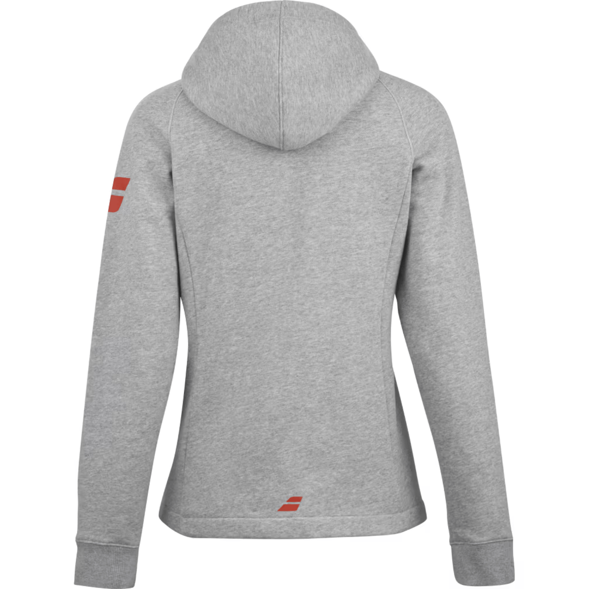 Achterzijde van het grijze Babolat Exercise Hood Jacket W met capuchon en logo onderaan
