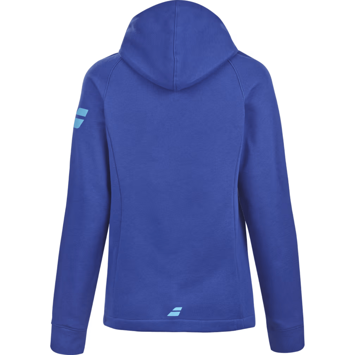 Achterzijde van het blauwe Babolat Exercise Hood Jacket W met logo onder aan de rug