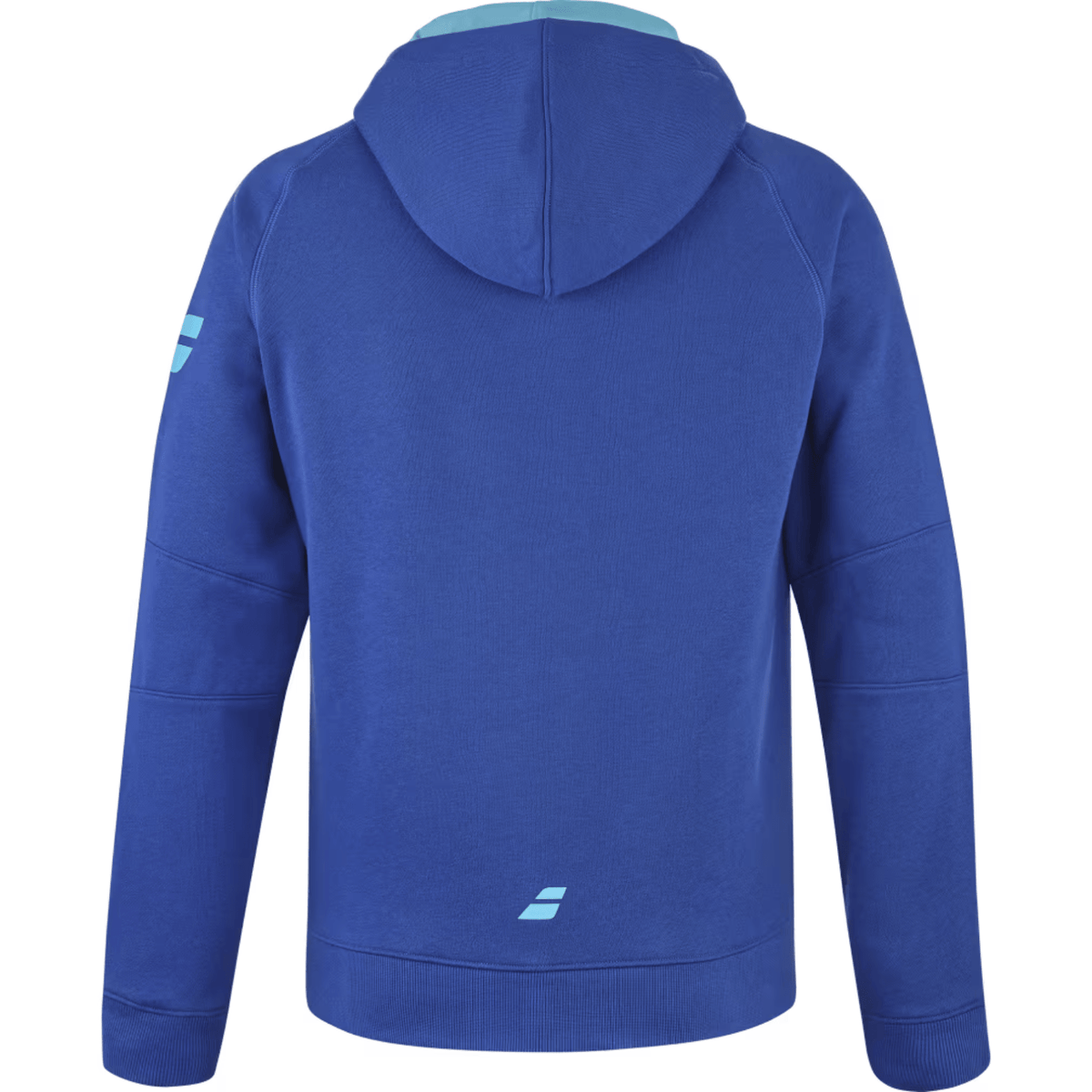 Achterzijde van het blauwe Babolat Exercise Hood Jacket met wit Babolat-logo op de rug