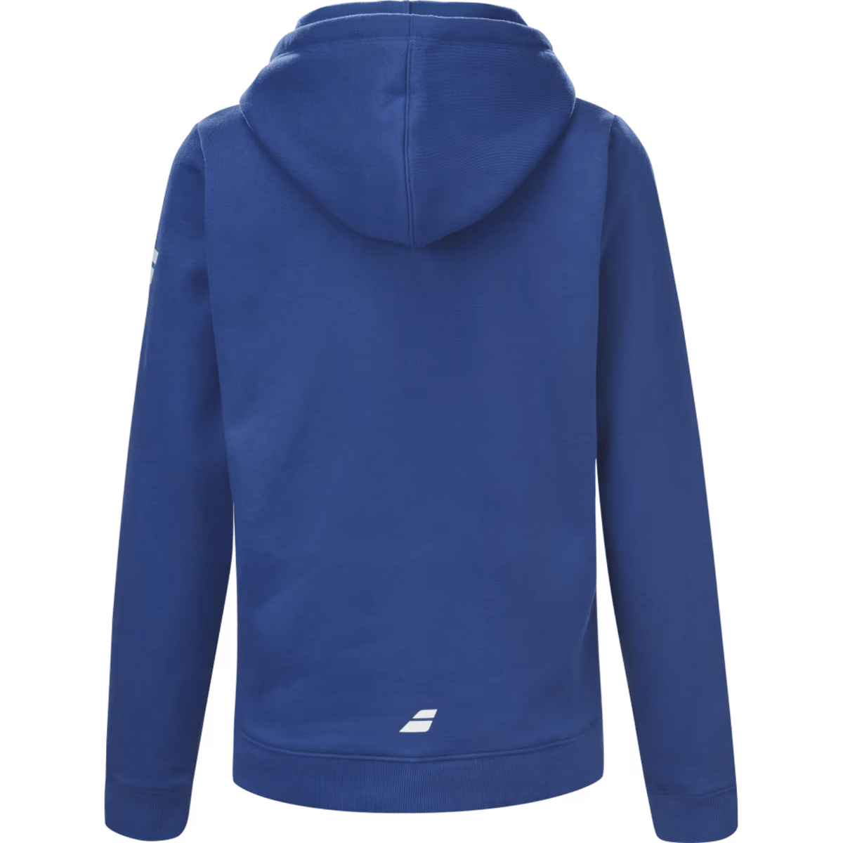 Achterzijde van de blauwe Babolat Exercise Hood Sweat W met capuchon en wit logo