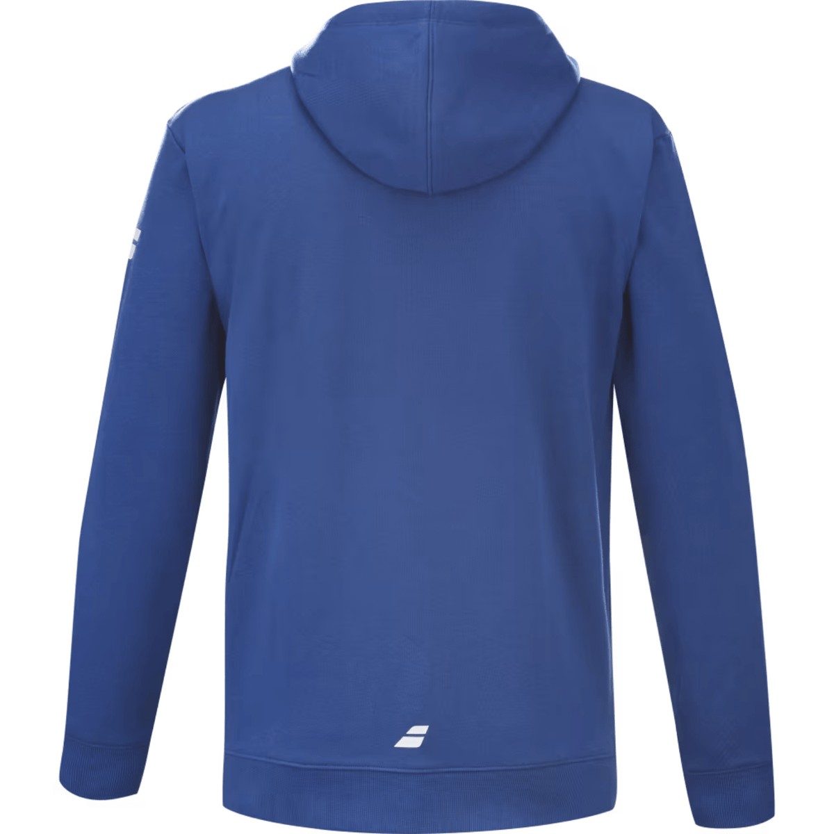 Achterzijde van de blauwe Babolat Exercise Hood Sweat met capuchon en wit logo onderaan