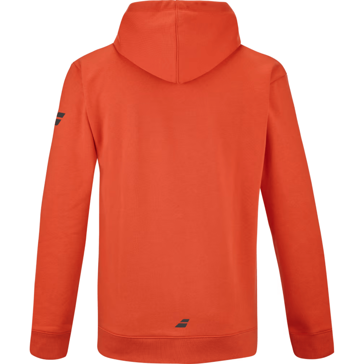 Achterzijde van de oranjerode Babolat Exercise Hood Sweat met logo onder aan de rug