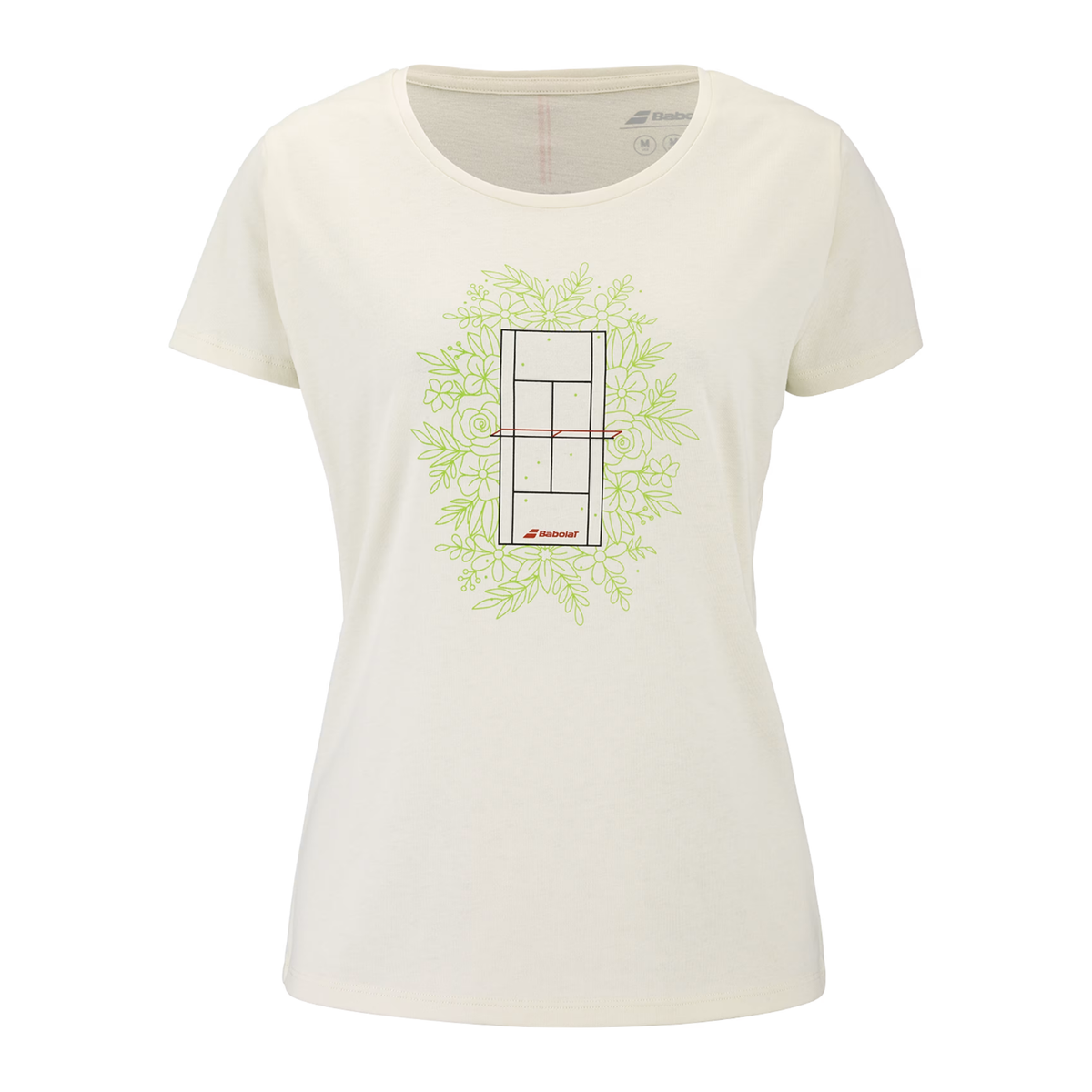 Gebroken wit Babolat Exercise Message Tee voor dames met groene baanprint