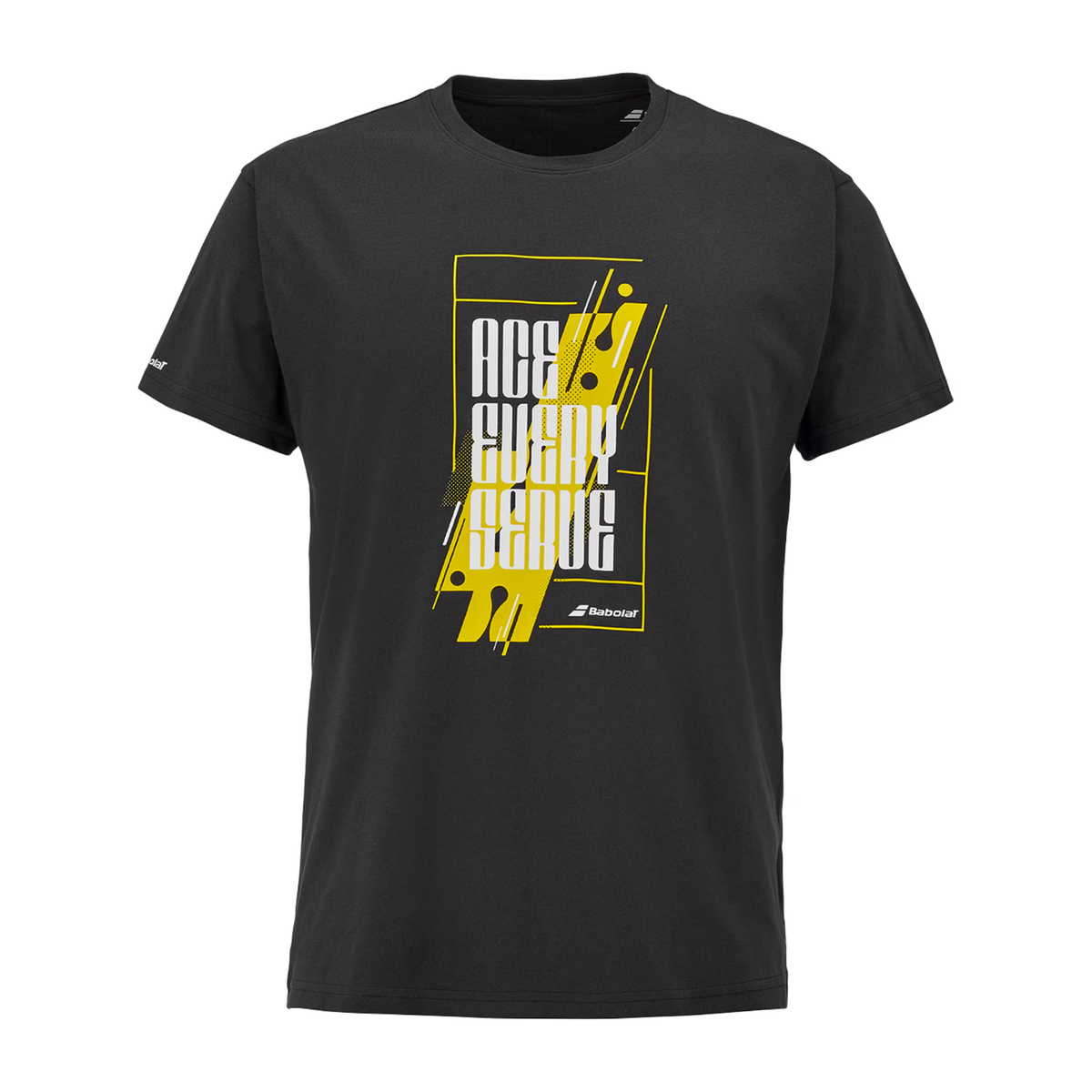 Zwart Babolat Exercise Message Tee met gele ACE EVERY GAME-print, vooraanzicht