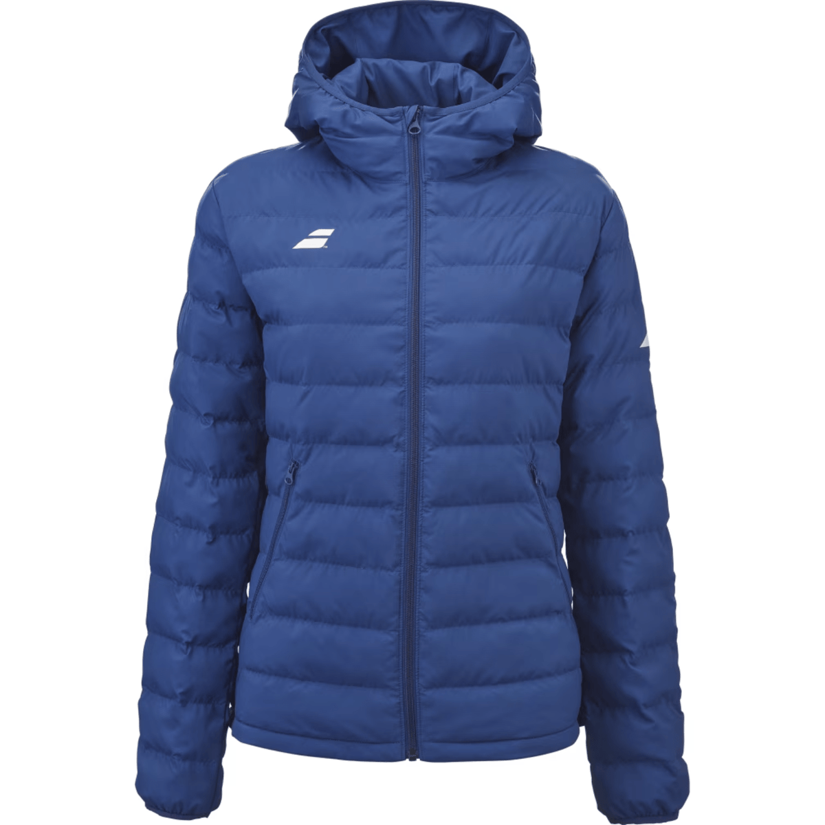 Blauw Babolat Exercise Padded Jacket voor dames met capuchon, rits en wit borstlogo