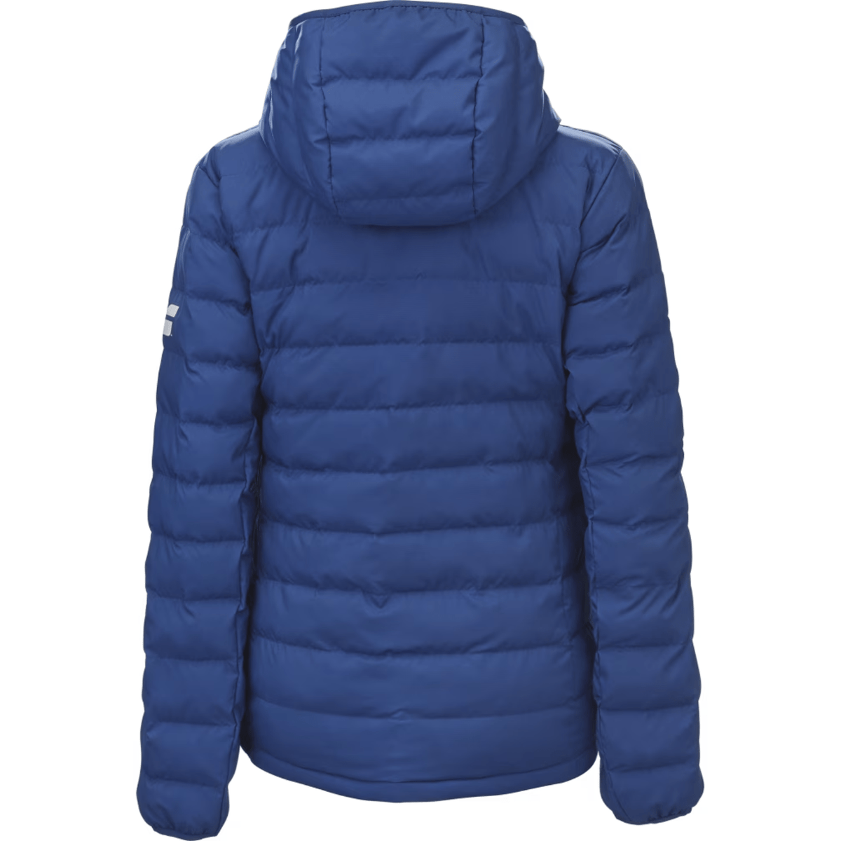 Achterzijde van het blauwe Babolat Exercise Padded Jacket W met capuchon en doorstiksels