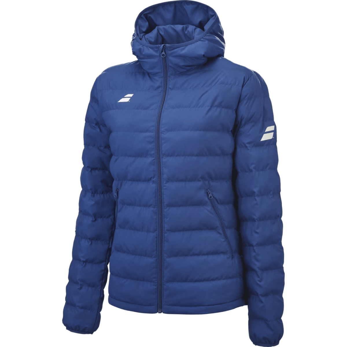 Schuin vooraanzicht van het blauwe Babolat Exercise Padded Jacket W met logo op de mouw