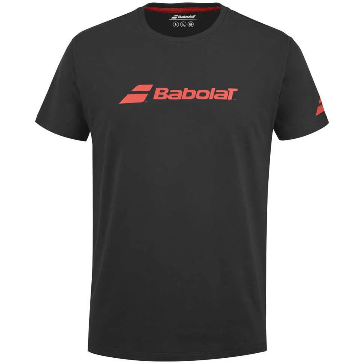 Zwart Babolat Exercise T-shirt met rood Babolat-logo op de borst en rode halsbies