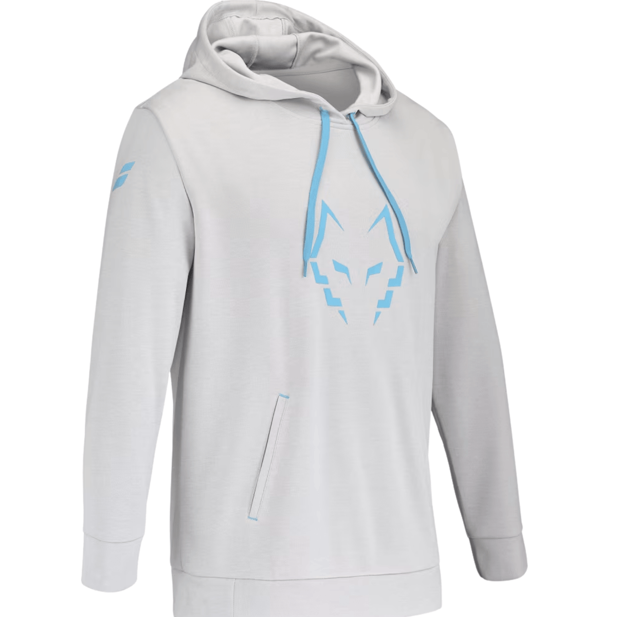 Schuin vooraanzicht van de lichtgrijze Babolat Hood Sweat Lebron met blauwe koordjes