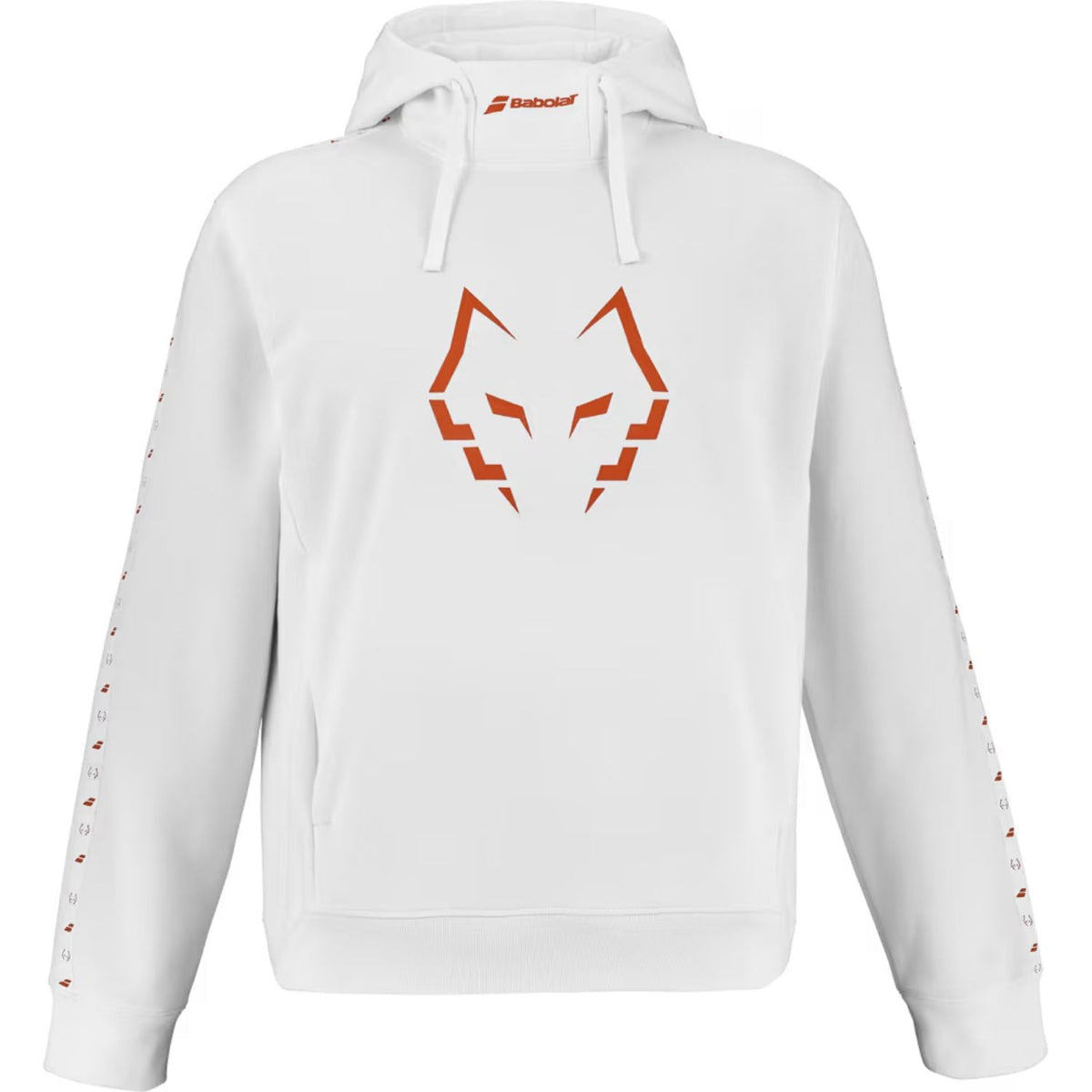 Babolat Lebron hoodie voor heren in wit met oranje wolfprint, vooraanzicht
