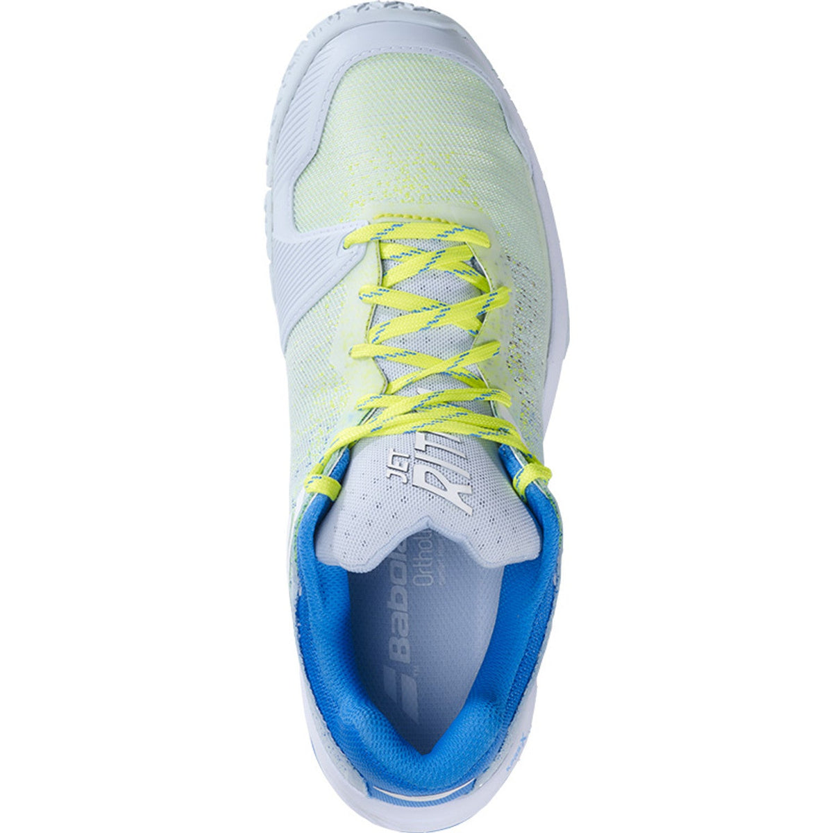 Bovenaanzicht van de Babolat Jet Ritma Women met limegele veters en blauwe binnenvoering