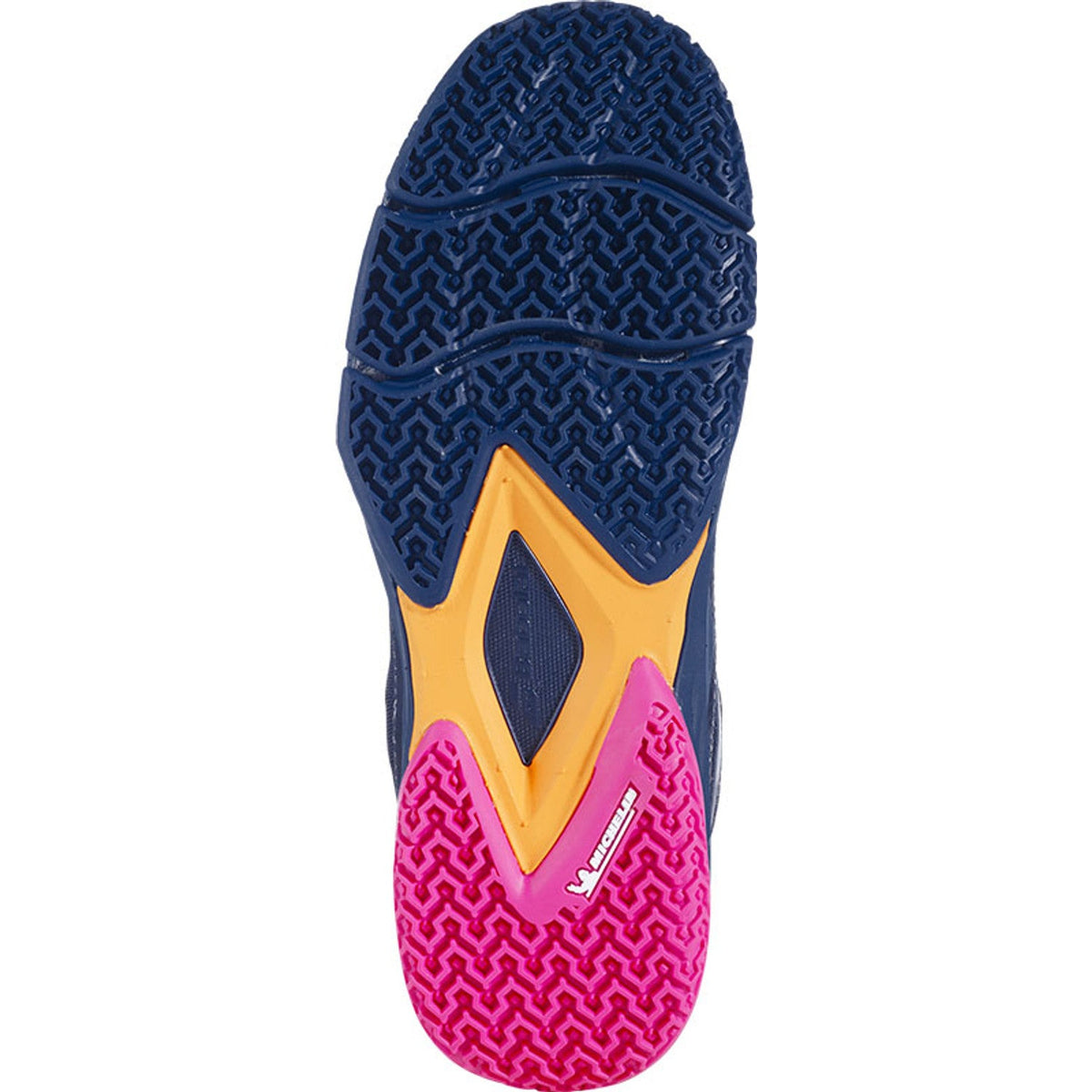 Zool van de Babolat Jet Ritma Women met donkerblauw visgraatprofiel en roze oranje voorvoet