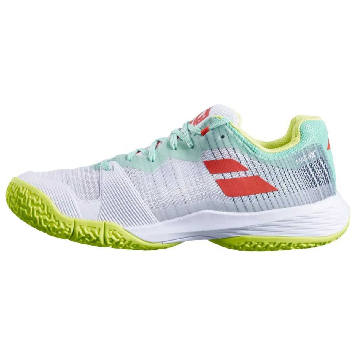 Binnenzijde van de Babolat Jet Ritma Women in wit en grijs met mintgroen en limegeel accent