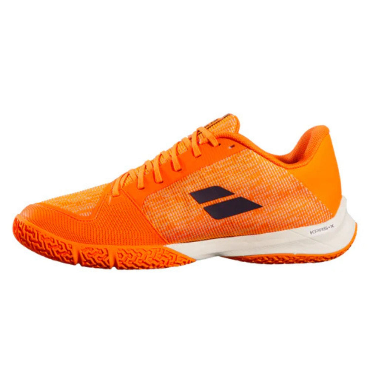 Binnenzijde van de oranje Babolat Jet Viva met donkerblauw logo