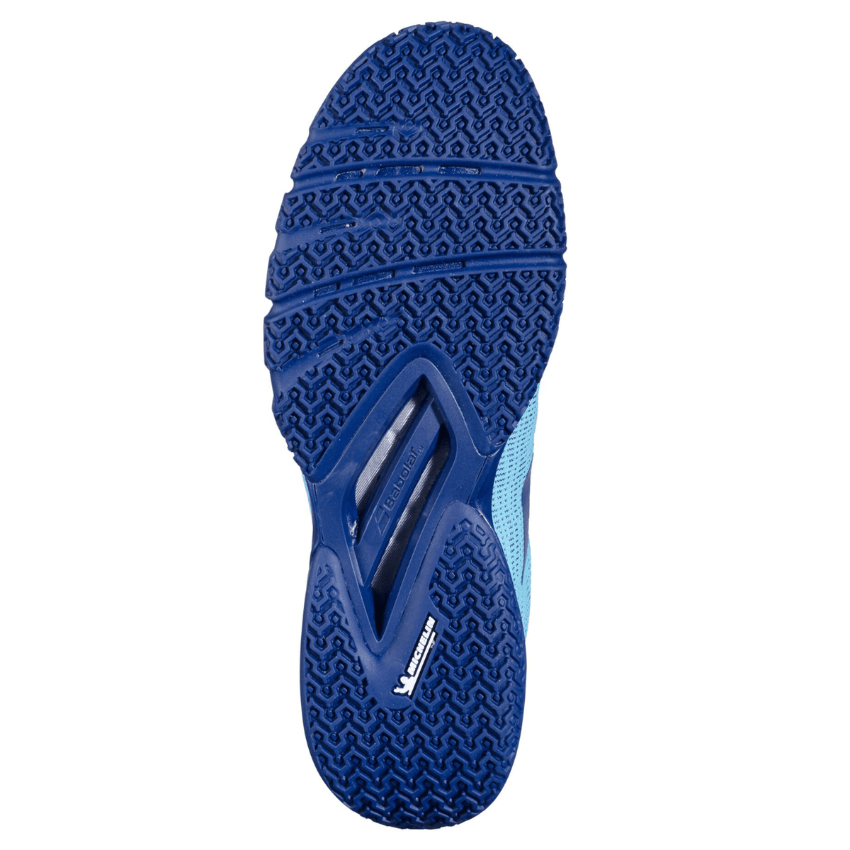 Donkerblauwe zool van de Babolat Jet Viva met visgraatprofiel en wit logo