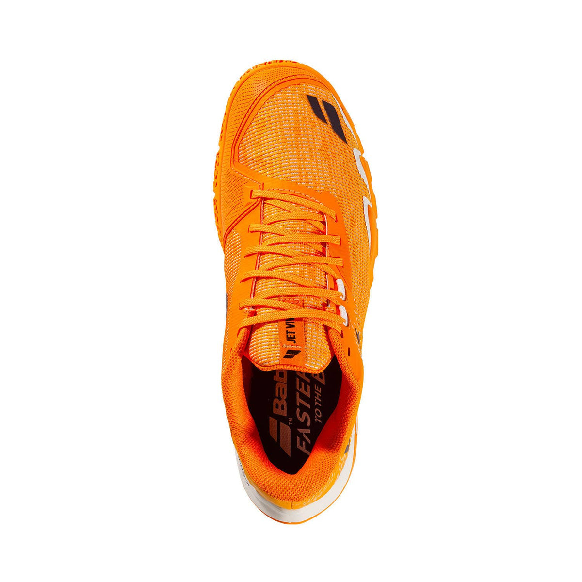 Bovenaanzicht van de oranje Babolat Jet Viva met oranje veters