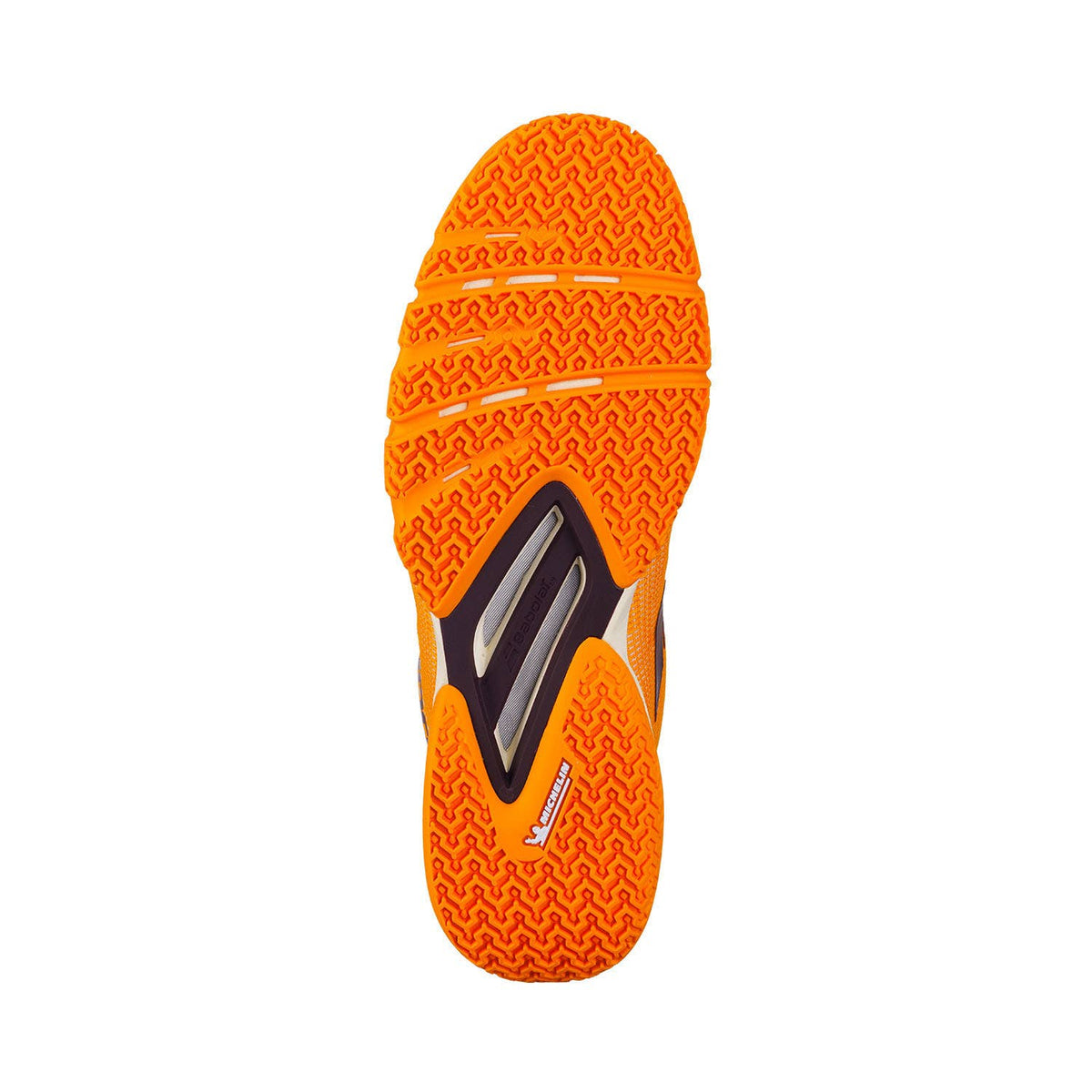 Oranje zool van de Babolat Jet Viva met visgraatprofiel voor kunstgras