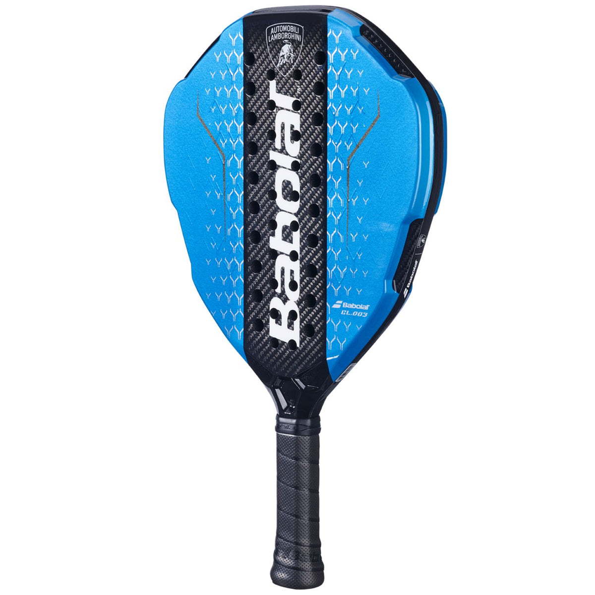 Babolat Lamborghini padelracket schuin vooraanzicht in blauw met zwart