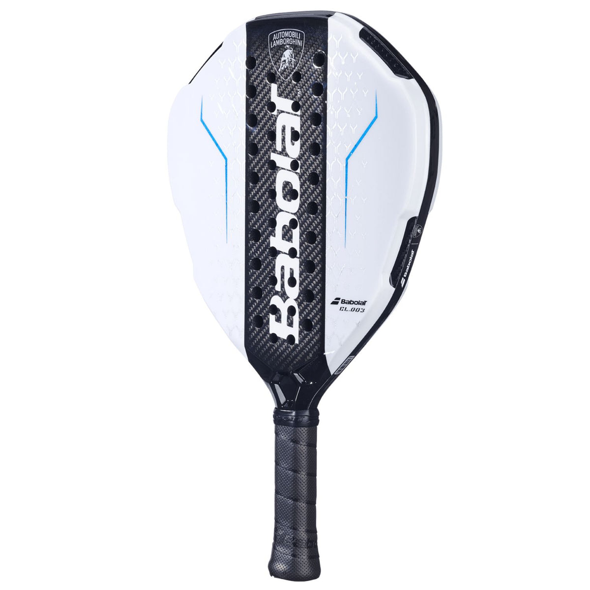 Babolat Lamborghini padelracket schuin vooraanzicht, diamantvorm in wit en zwart