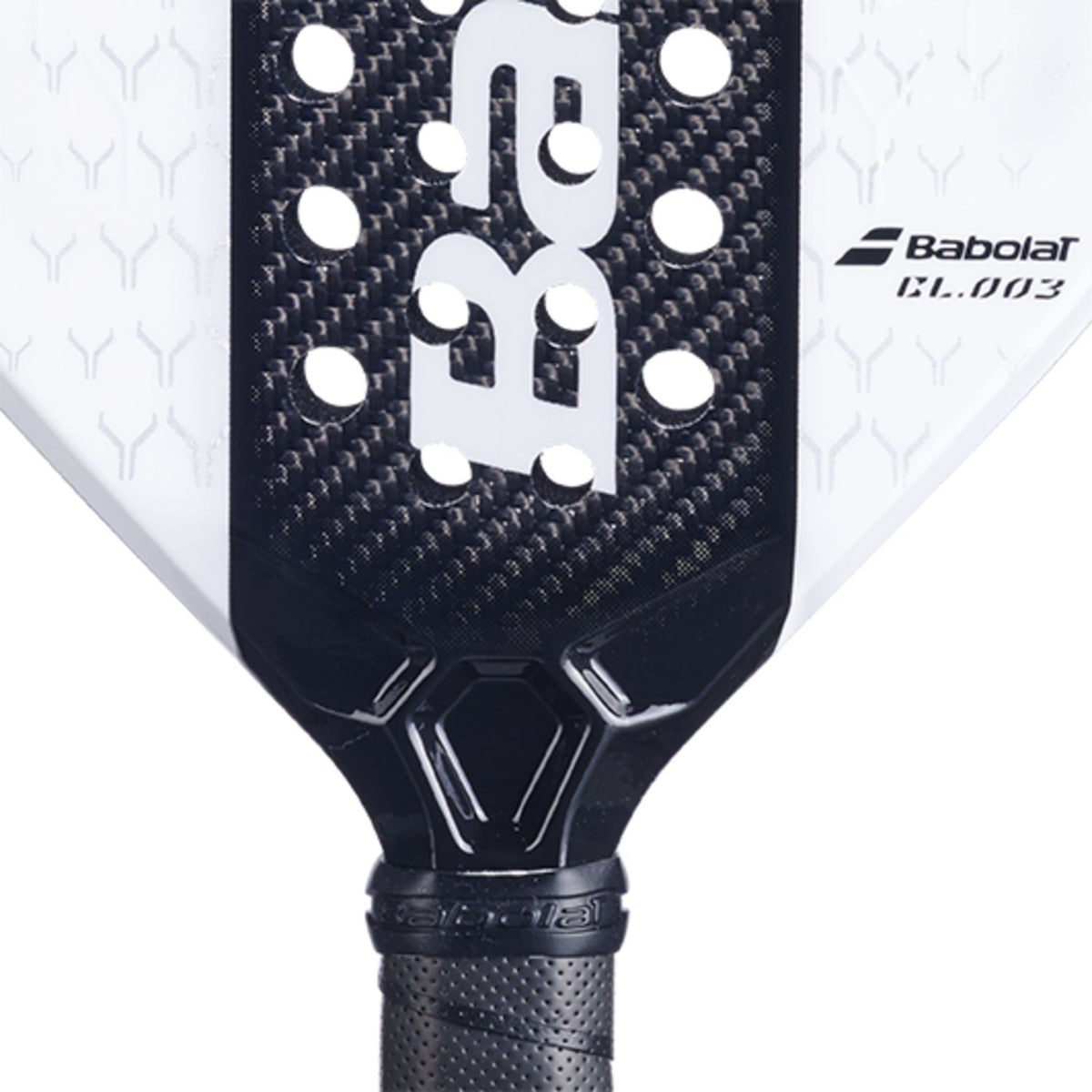 Detail van het hart van het Babolat Lamborghini padelracket met carbon afwerking