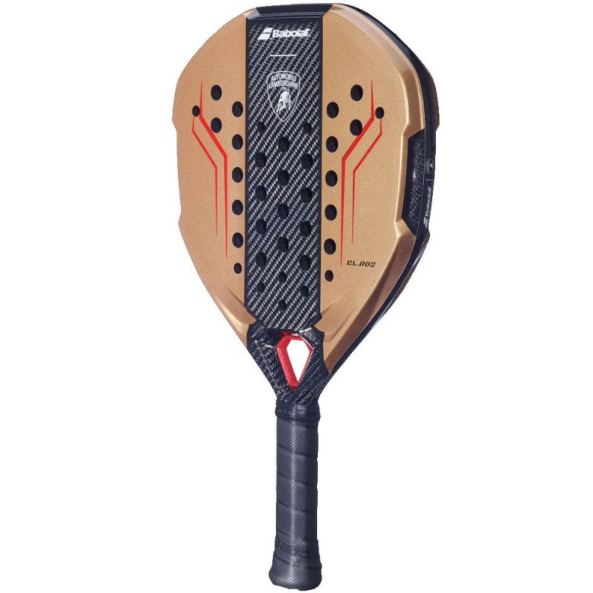 Babolat Lamborghini padelracket schuin vooraanzicht in goudbrons met rode accenten