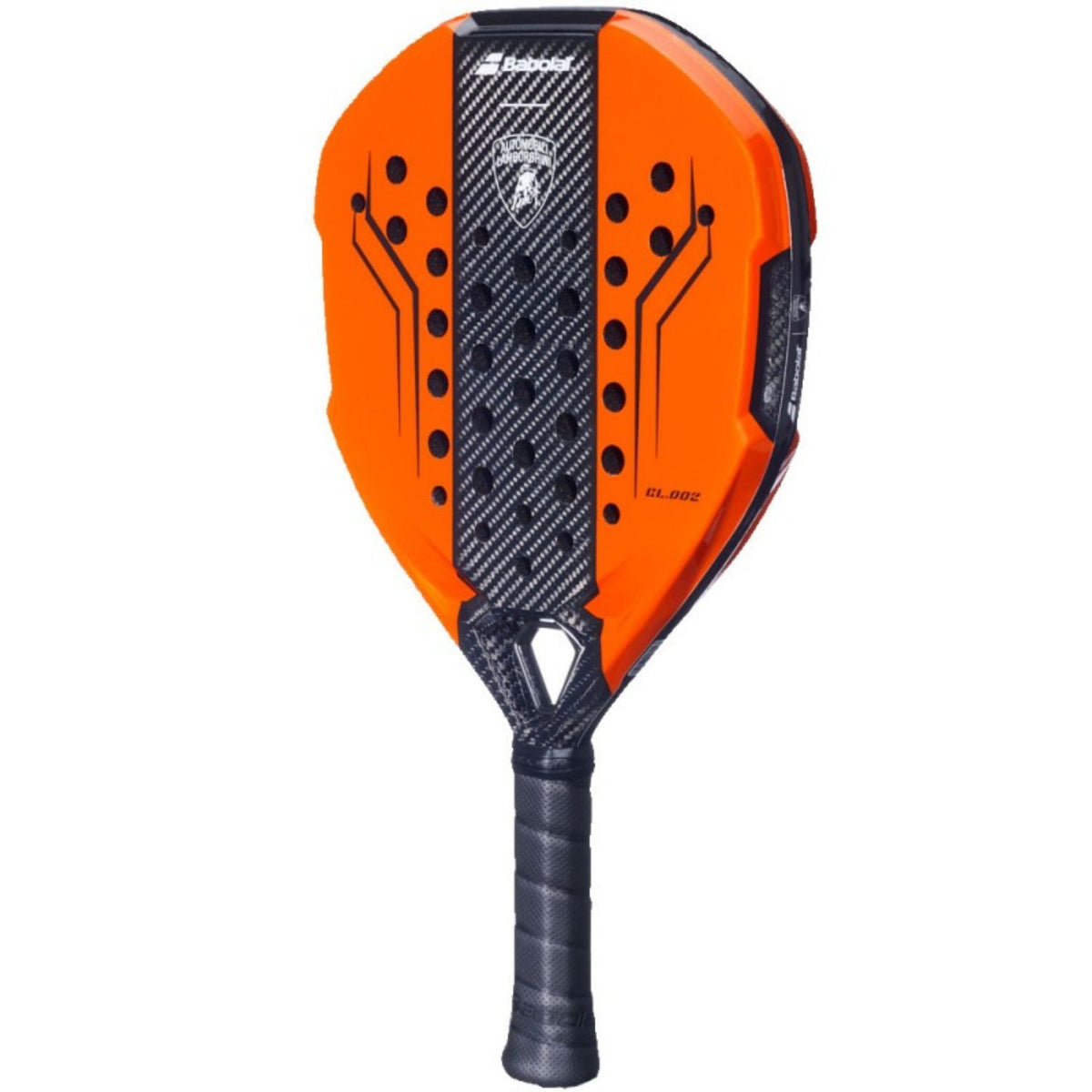 Babolat Lamborghini padelracket schuin vooraanzicht in oranje met zwarte carbonstreep