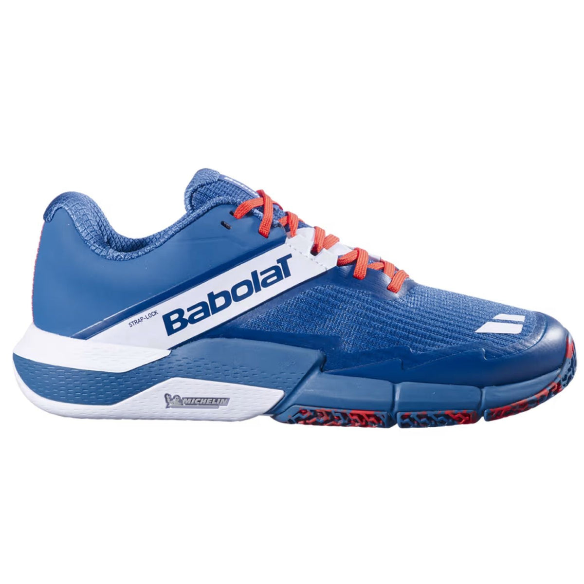 Babolat Movea 2 in blauw met oranje veters, zijaanzicht buitenkant
