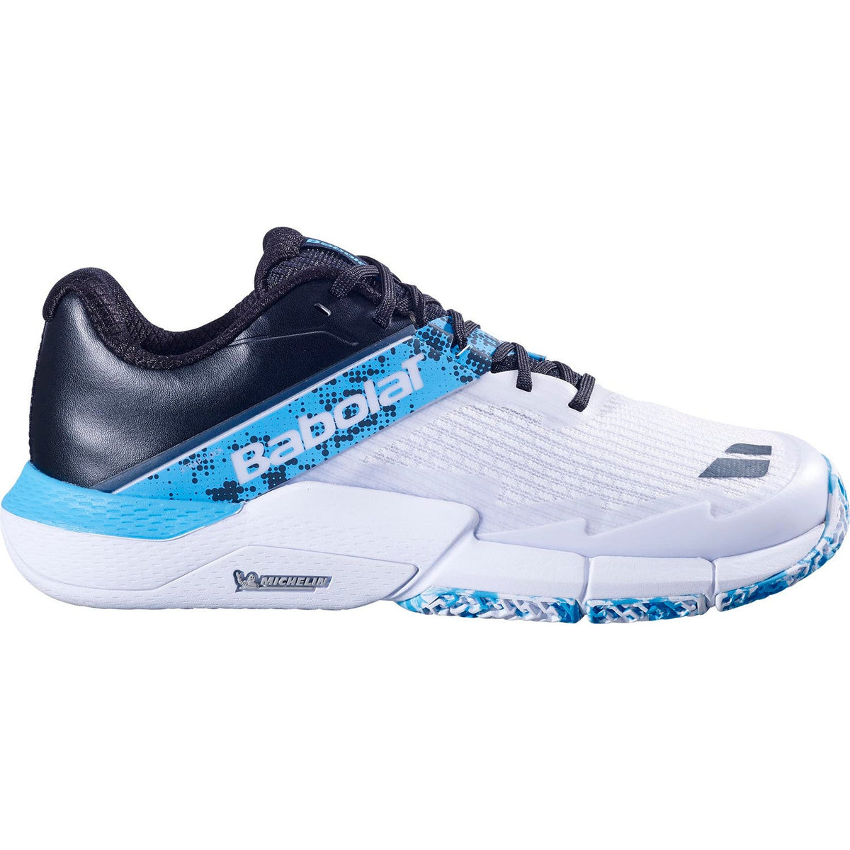 Babolat Movea 2 White/Cyan Blue, zijaanzicht buitenkant met wit bovenwerk en cyaanblauwe details
