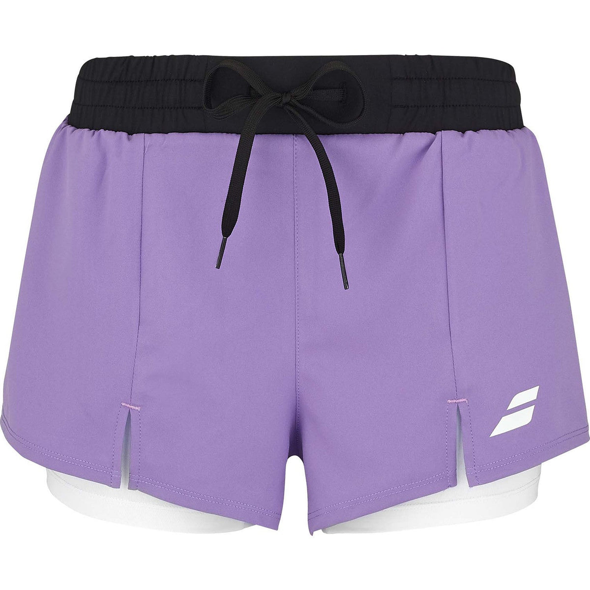 Paarse Babolat Padel Short voor dames met zwarte tailleband, trekkoord en witte binnenshort