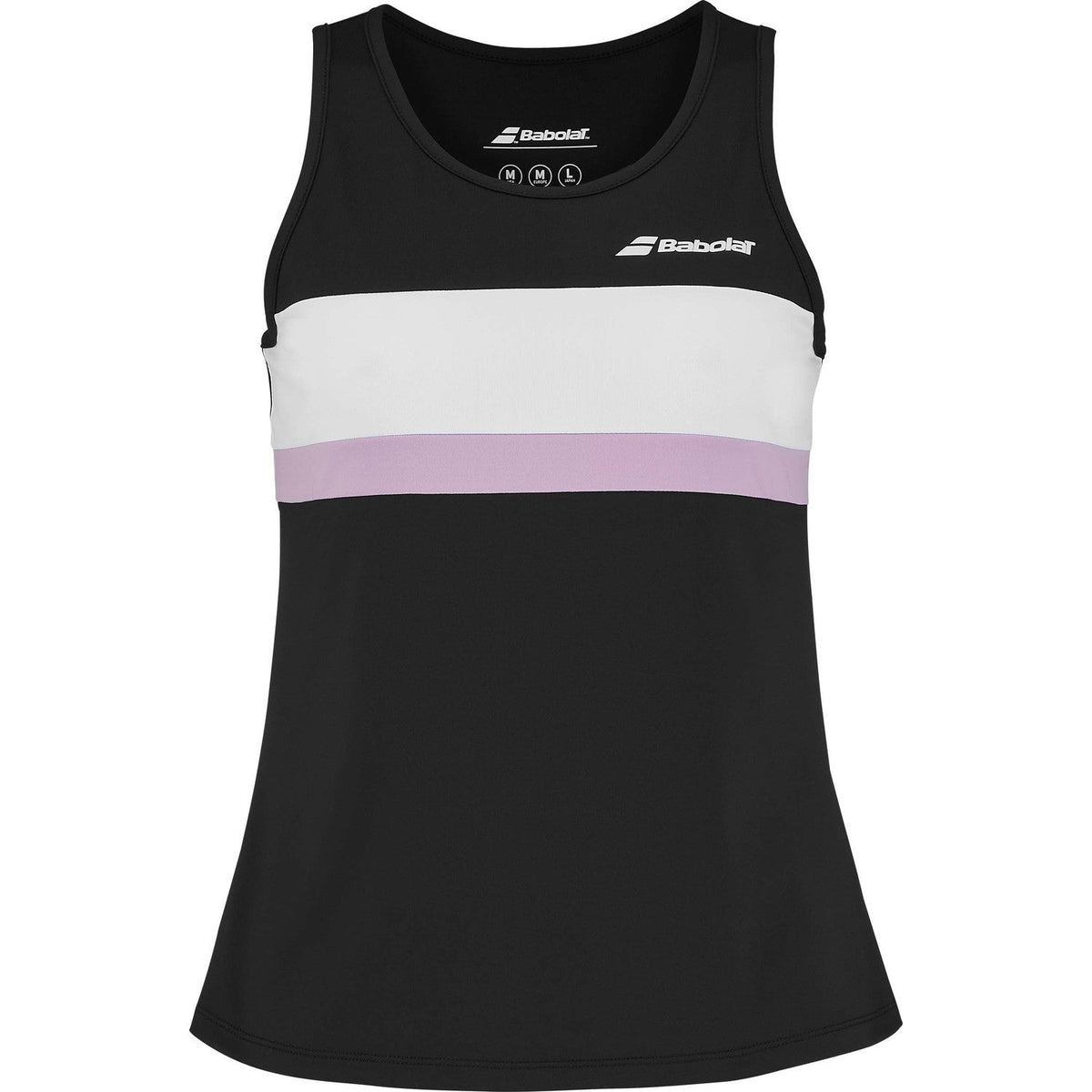 Babolat Padel Tank Black met witte en lila contrastband over de borst, vooraanzicht