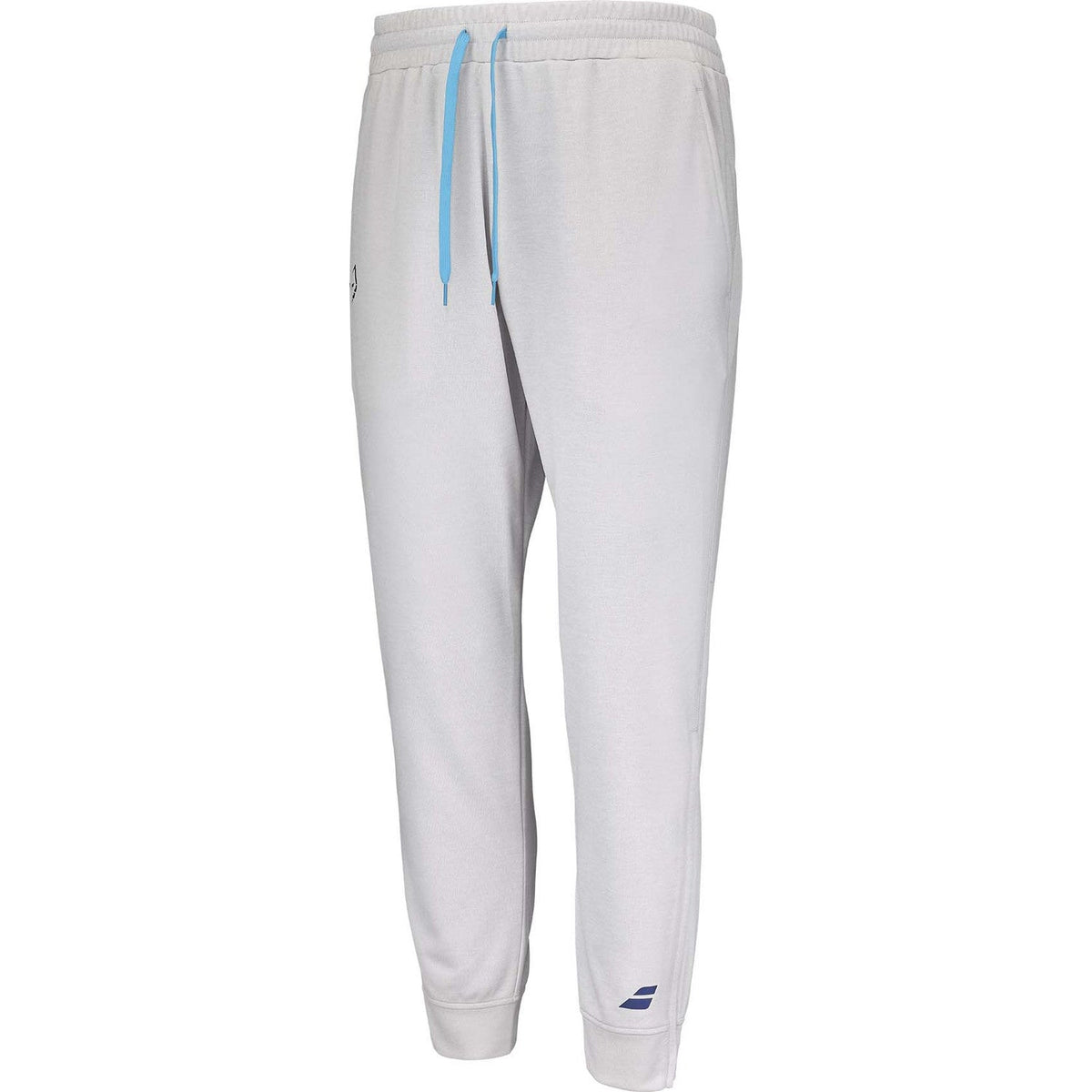 Schuin vooraanzicht van de lichtgrijze Babolat Pant Lebron met smal toelopende pijpen