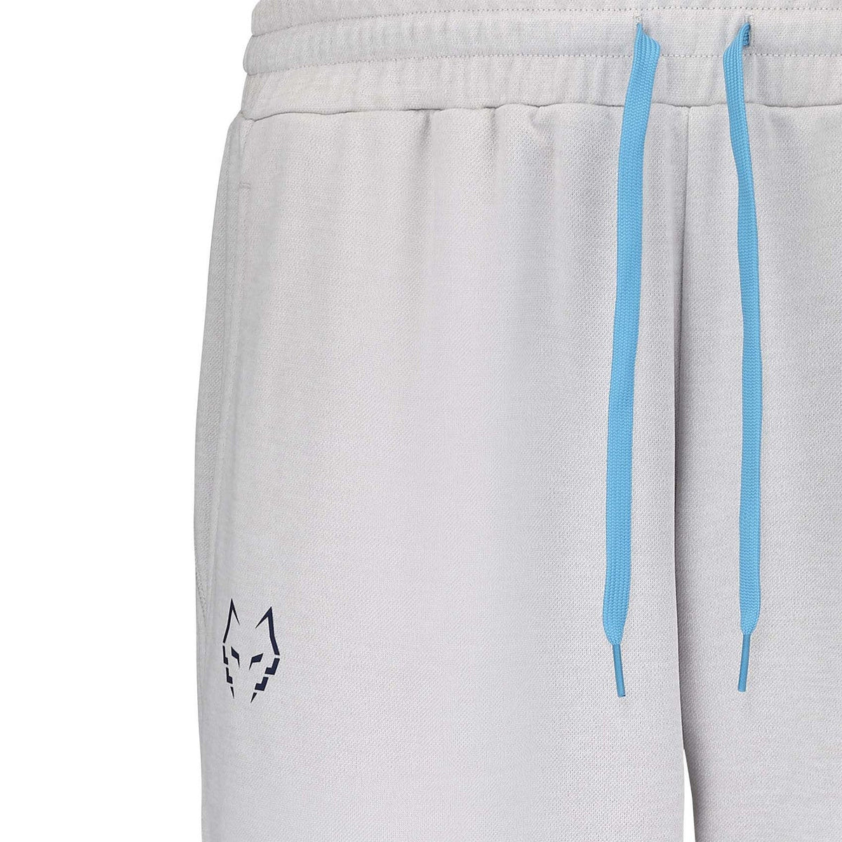 Detail van de taille van de lichtgrijze Babolat Pant Lebron met blauwe koorden en stierkop