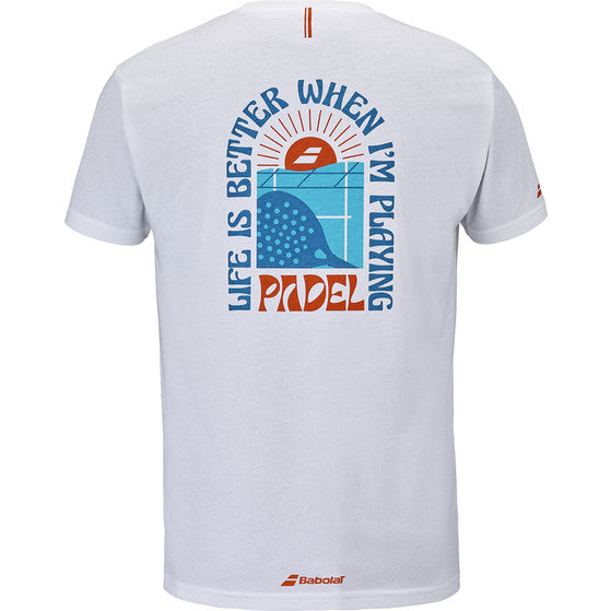Achterzijde van het witte Babolat Perf Cotton T-shirt met grote padelprint