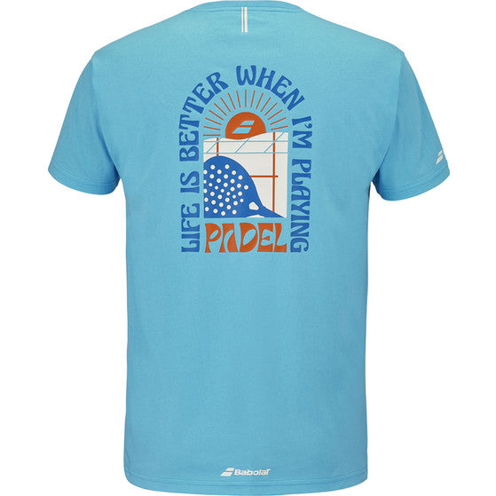 Achterzijde van het lichtblauwe Babolat Perf Cotton T-shirt met padelprint