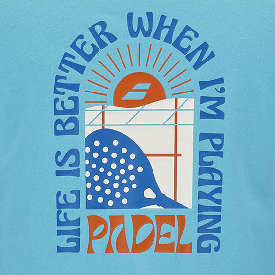 Detail van de rugprint Life Is Better When Im Playing Padel in blauw