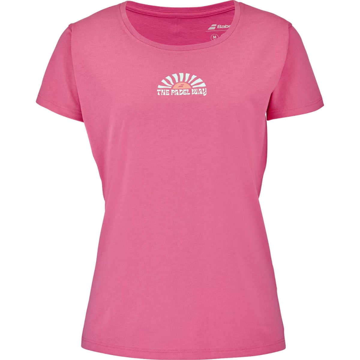 Roze Babolat Perf Cotton T-shirt voor dames met witte opdruk The Padel Way op de borst