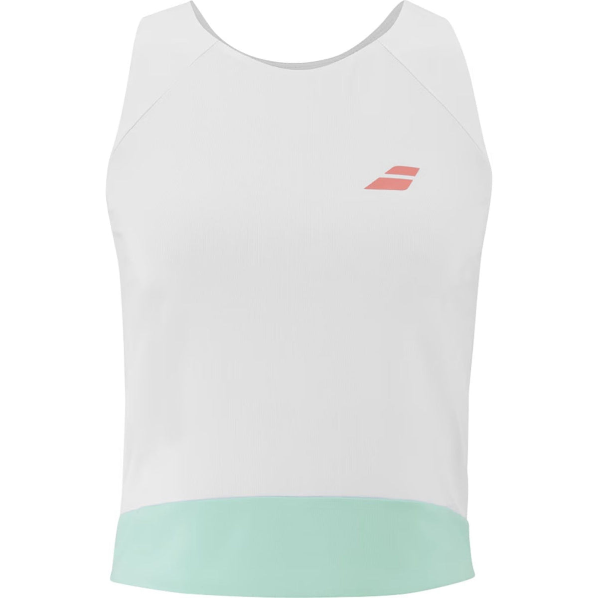Débardeur Babolat Perf Tank blanc avec bordure inférieure vert menthe et logo rose sur la poitrine