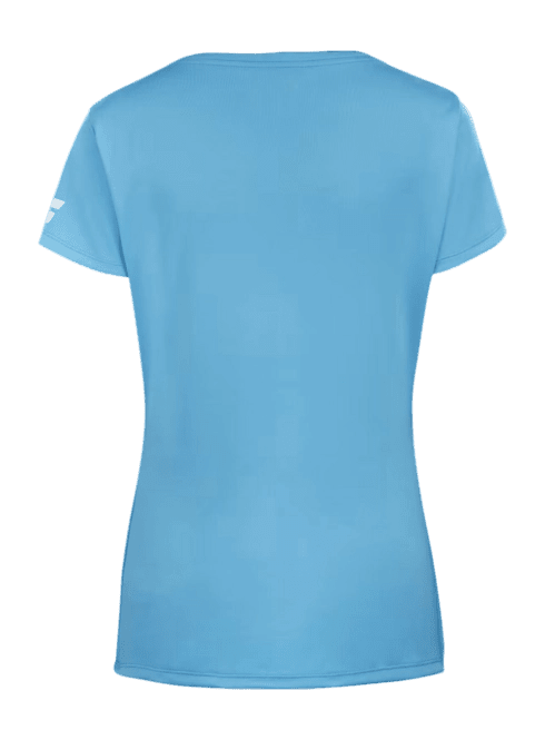 Achterzijde van de lichtblauwe Babolat Play Cap Sleeve Top W tegen groene achtergrond