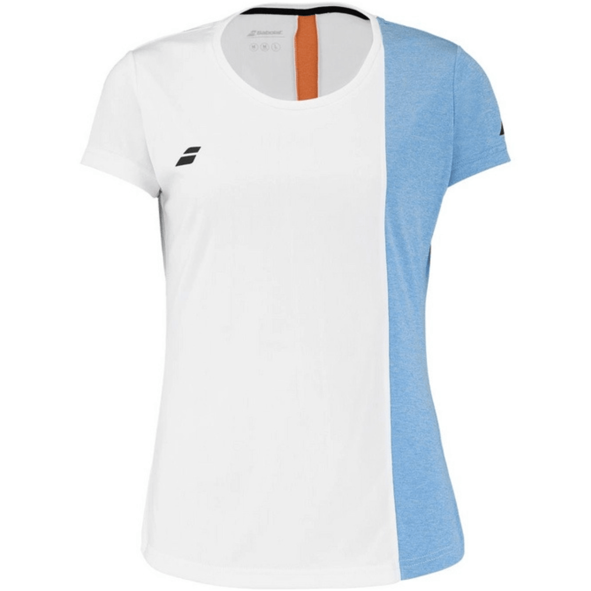 Witte Babolat Play Cap Sleeve Top W met lichtblauw zijpaneel en oranje bies op de schouder