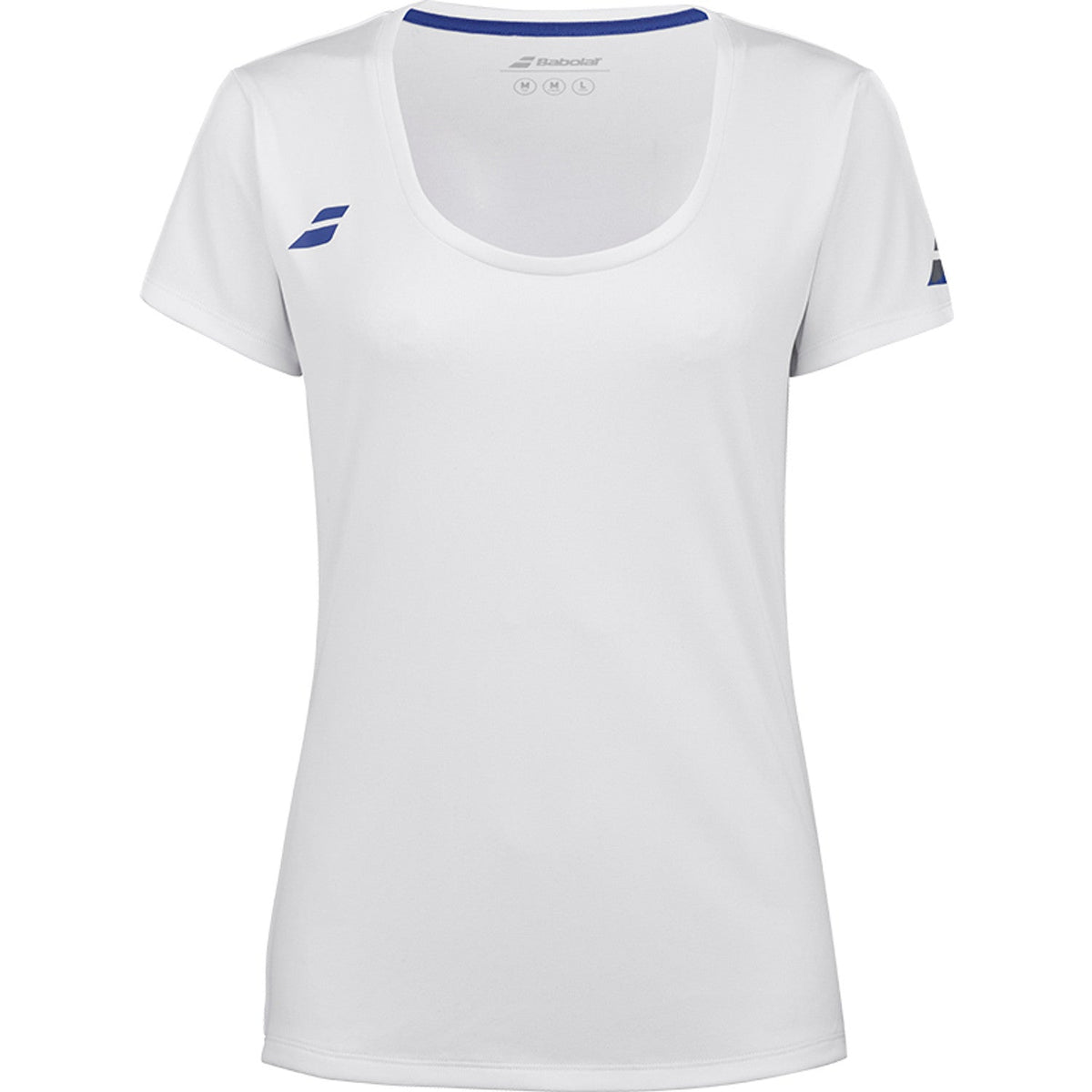 Top branco com mangas curtas Babolat Play para senhora, com debrum azul no decote e logótipo azul