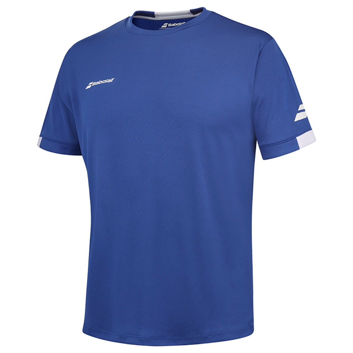 Blauw Babolat Play Crew Neck T-shirt van opzij met witte streepjes op de mouwboord
