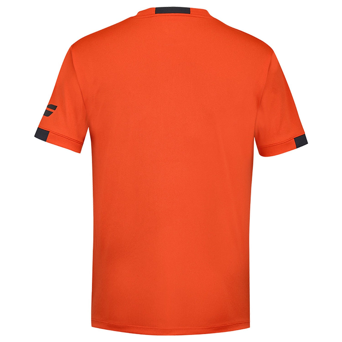 Oranjerood Babolat Play Crew Neck T-shirt van opzij, met Babolat-wordmark op de mouw