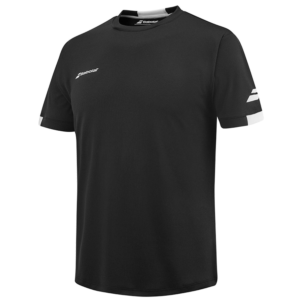 Zwart Babolat Play Crew Neck T-shirt van opzij met witte biezen op de mouwboorden