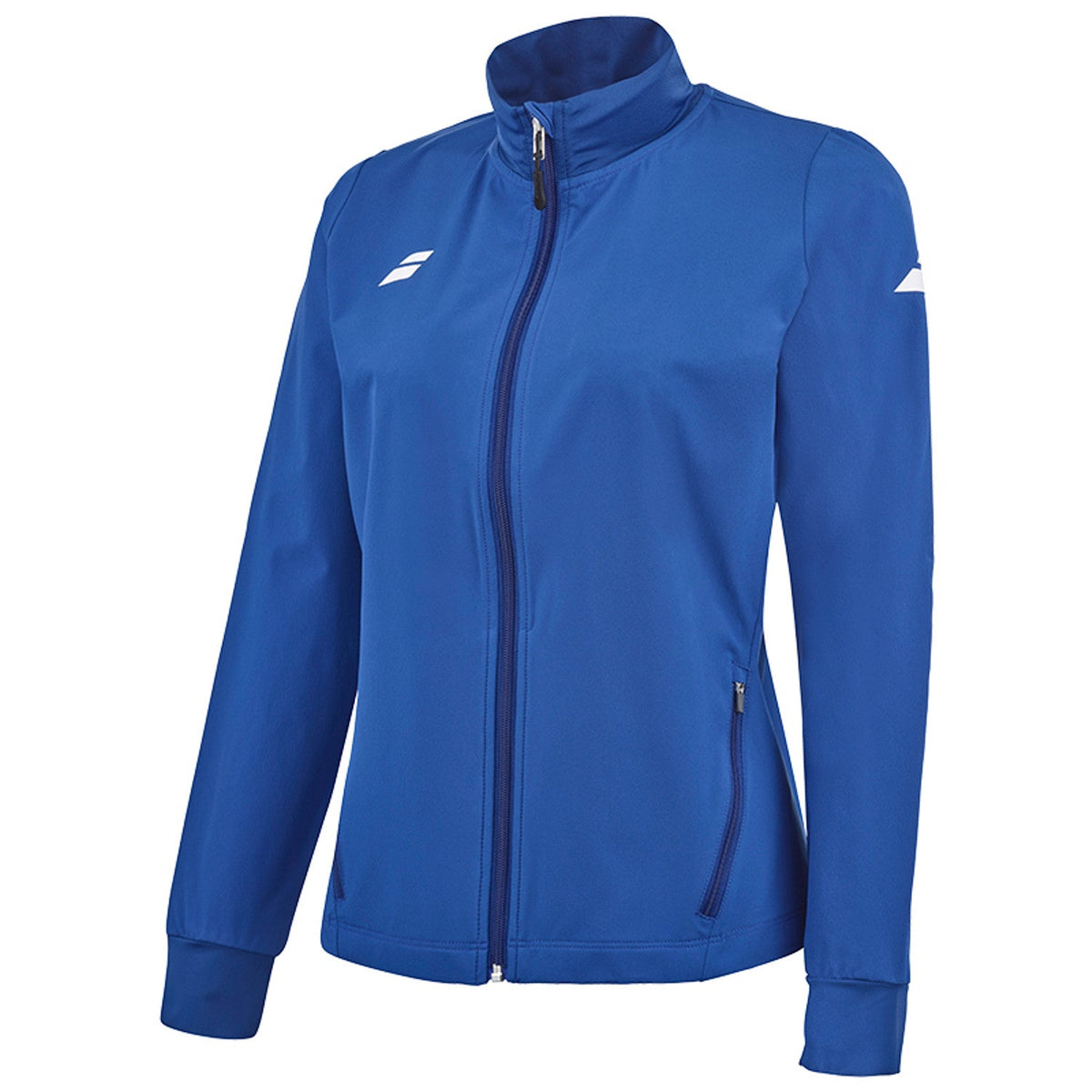 Blauw Babolat Play Jacket W van opzij met ritszak en wit Babolat-logo op de mouw