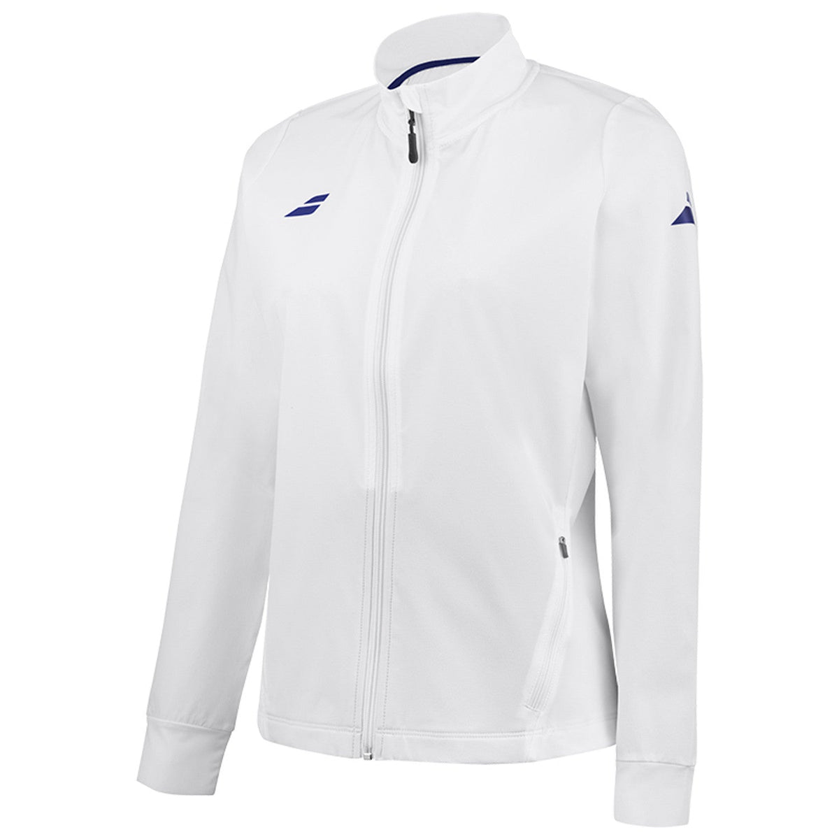 Wit Babolat Play Jacket W van opzij met blauw logo op de mouw en zijzakken