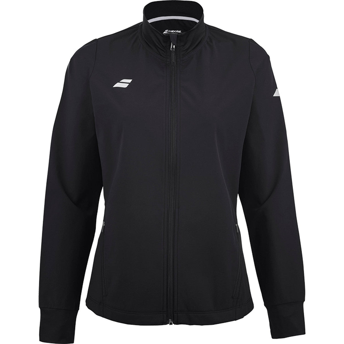 Zwart Babolat Play Jacket voor dames met wit Babolat-logo op de borst en rits