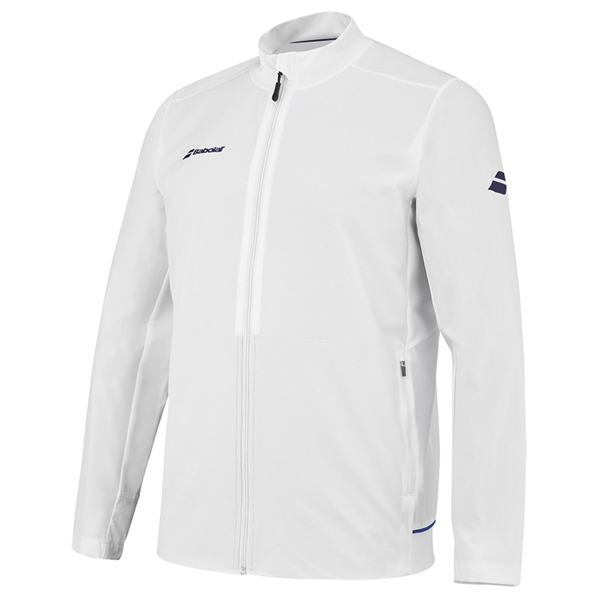 Wit Babolat Play Jacket van opzij met Babolat-logo op de mouw en steekzakken