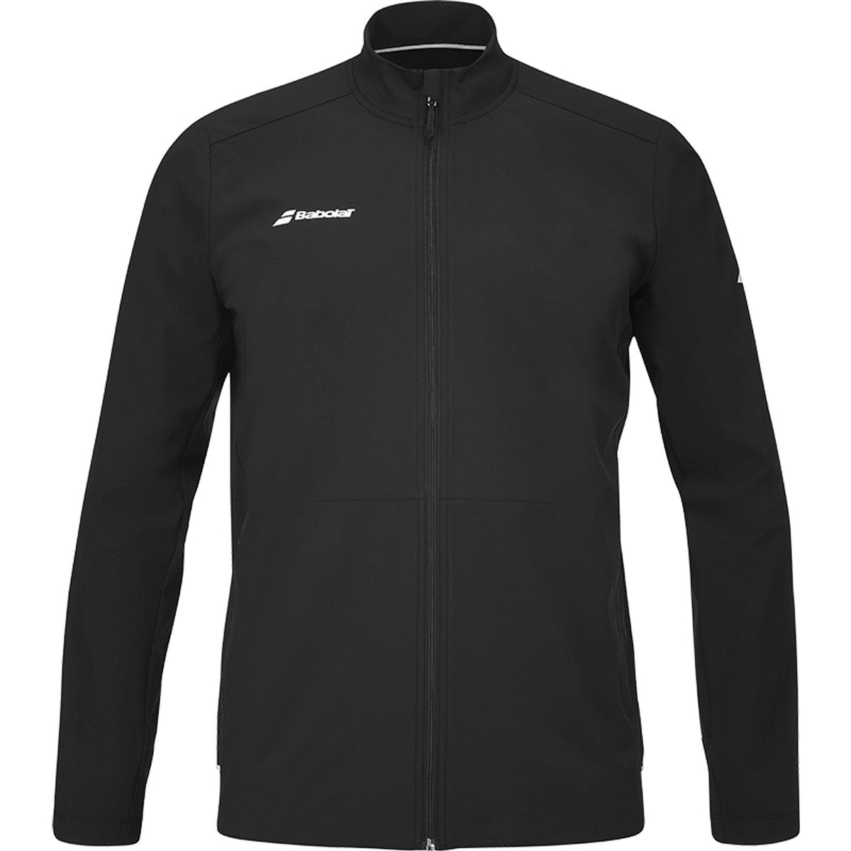 Zwart Babolat Play Jacket met volledige rits, opstaande kraag en wit logo op de borst