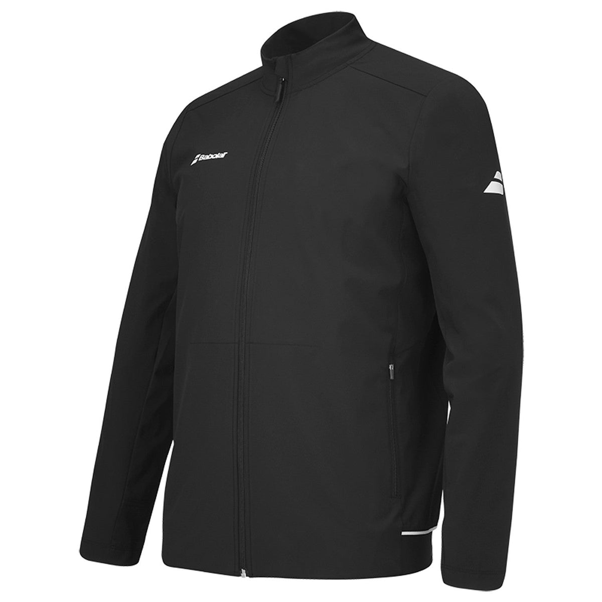 Zwart Babolat Play Jacket van opzij met wit Babolat-logo op de mouw en zijzak